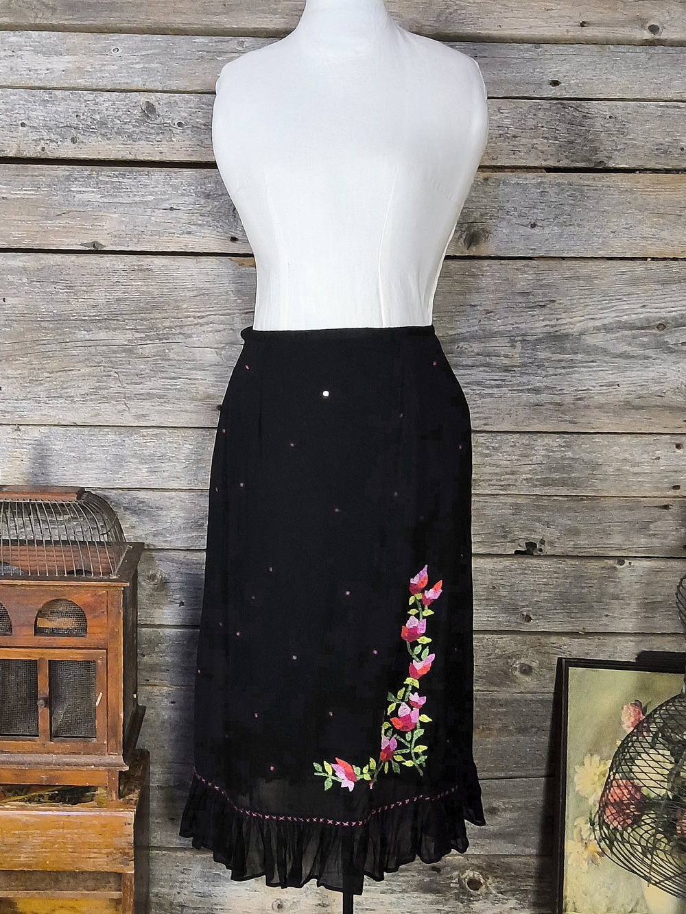 April Cornell Black Midi Skirt with Pink & Green Floral Embroidery